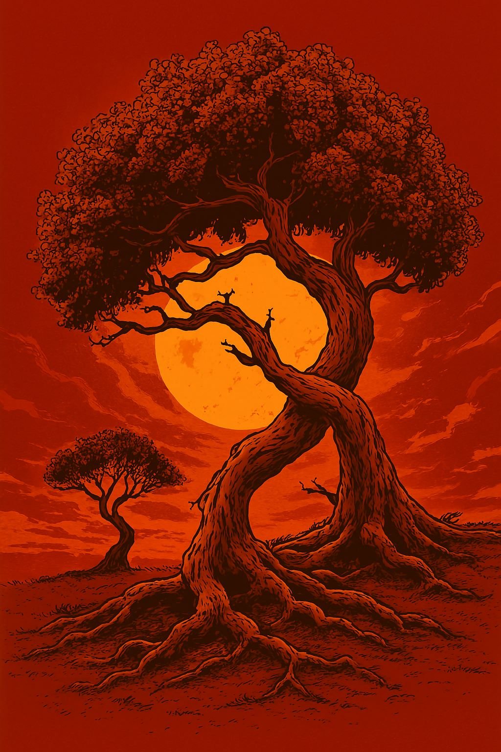 Thrya Background Picture Two intertwined trees, their trunks twisted together like dancers in slow motion—symbolizing resilience, connection, and growth through adversity.